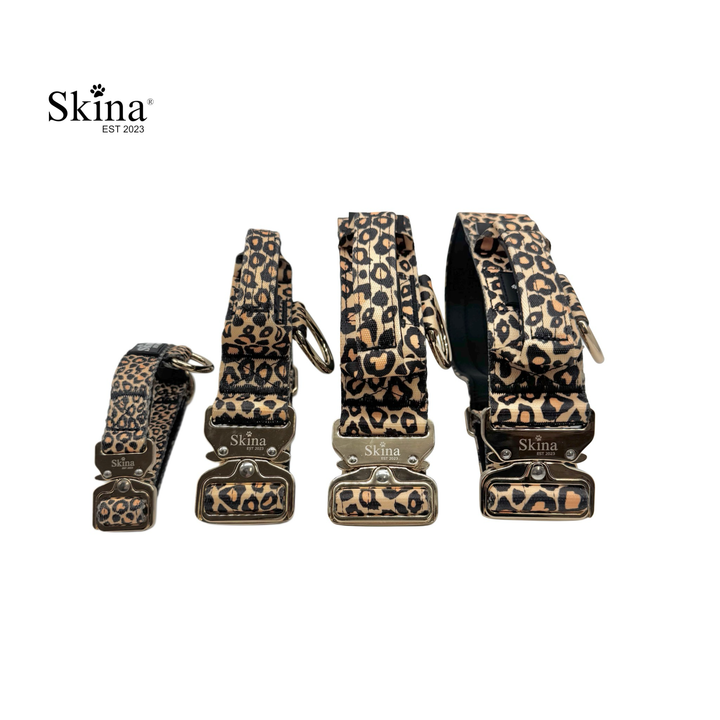 Taktisches Halsband mit Sicherheitsschnalle &amp; Haltegriff „Leo Muster Gold“